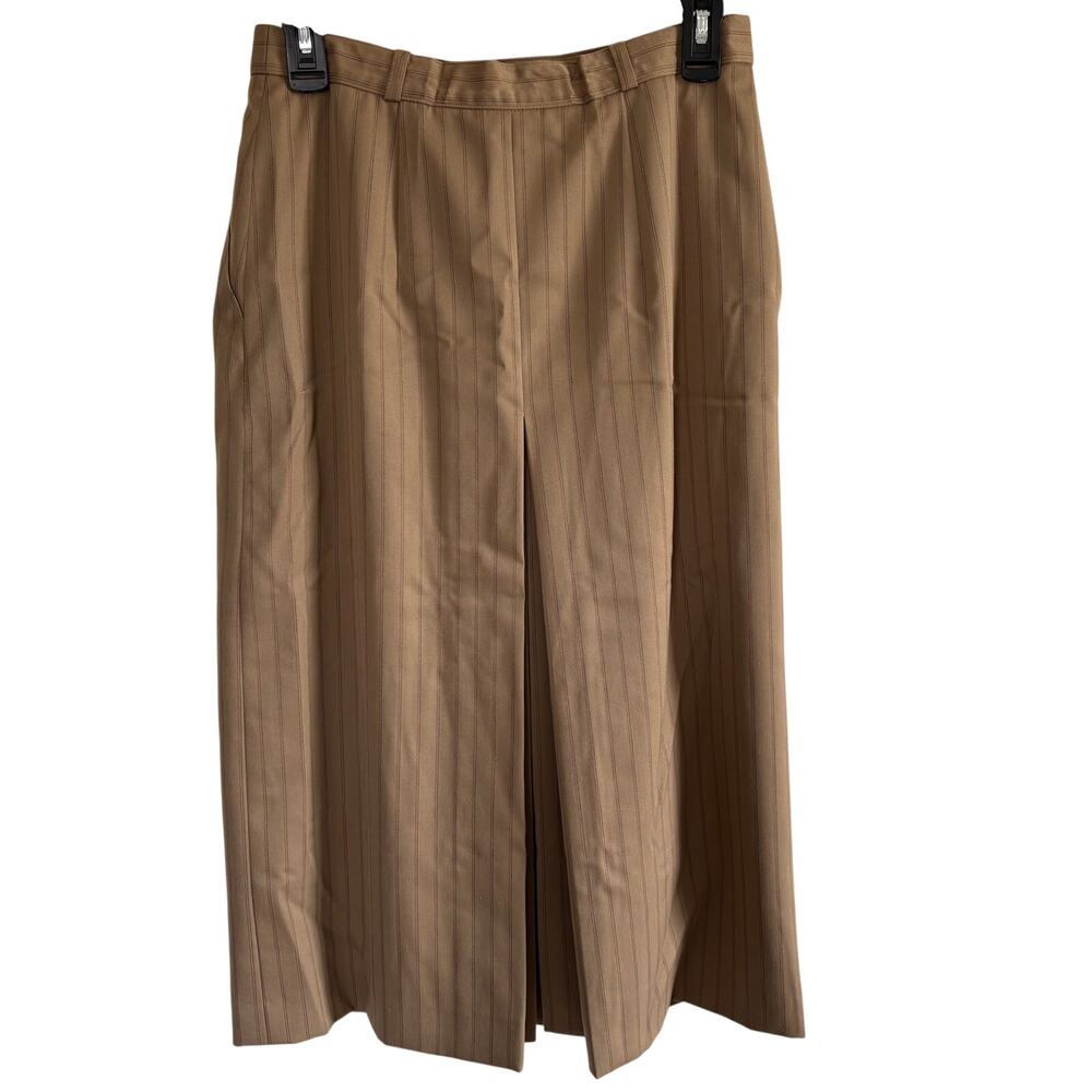 Vtg 80s Escada Women's Tan Striped Pleated Midi Skirt Size 2 Wool Blend Germany